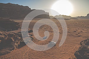 Bedouin`s car jeeps and tourists, Wadi Rum desert in Jordan, Middle East