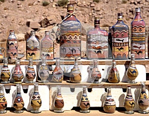 Bedouin stall with sand painting in bottles