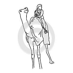 Bedouin or tourist on a Camel vector illustration sketch doodle hand drawn with black lines isolated on white background