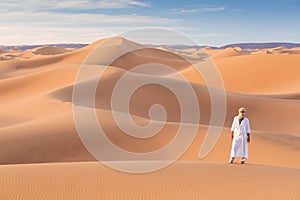 Bedouin on way through sandy desert. Beautiful sunset with big dunes on Sahara, Morocco. Silhouette nomad man.