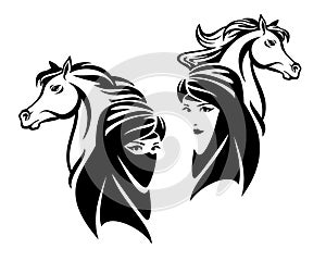 Bedouin woman wearing head covering scarf and arabian horse black and white vector outline