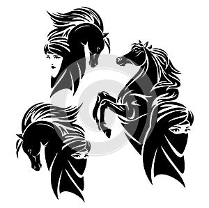 Bedouin woman wearing head covering scarf and arabian horse with long mane black and white vector design set