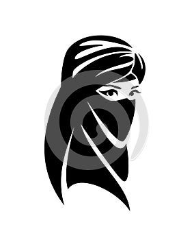 Bedouin woman wearing head covering scarf black and white vector outline