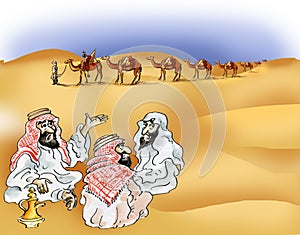 Bedouins and camel caravan in desert