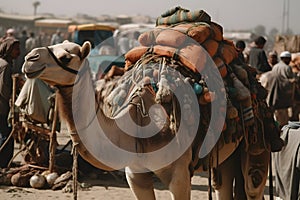 Bedouins and camels in the bazaar. Neural network AI generated