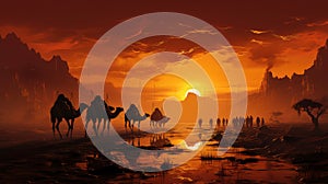 Bedouins with Camels Meet the Sunrise in the Desert extreme closeup. Generative AI