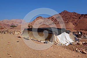 Bedouins houses in Dana Nature Biosphere Reserve landscape near Dana historical village, Jordan, Middle East