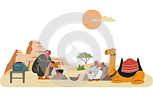 Bedouins resting with camel on a hot summer sunset in the desert, vector cartoon Arab nomad cooks in caldron on campfire