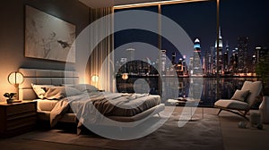 bedroom with a 3D background view of a bustling port, recognizing the hard work of those