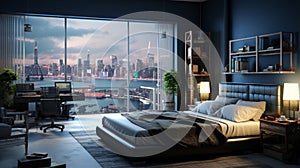 bedroom with a 3D background view of a bustling port, recognizing the hard work of those