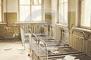 Bedroom of abandoned kindergarten in Chernobyl, Exclusion Zone,