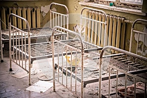 Bedroom in abandoned kindergarten Cherrnobyl zone, Ukraine