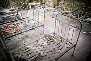 Bedroom in abandoned kindergarten Cherrnobyl zone, Ukraine