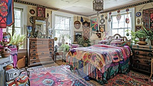 A bedroom adorned with antique furniture colorful tapestries and whimsical wall hangings gives off a bohemian vibe. The