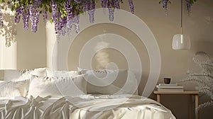 a bedroom adorned with white linen bedding, purple wisteria cascading from the ceiling, and a cozy bedside table