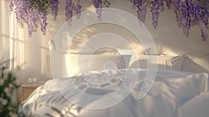 a bedroom adorned with white linen bedding, purple wisteria cascading from the ceiling, and a cozy bedside table