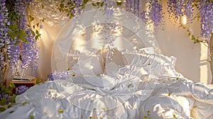 a bedroom adorned with white linen bedding, purple wisteria cascading from the ceiling, and a cozy bedside table