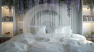 a bedroom adorned with white linen bedding, purple wisteria cascading from the ceiling, and a cozy bedside table