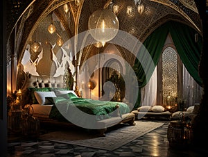 bedroom in arabic interior design style with mashrabiya behind the bed, AI Generative photo