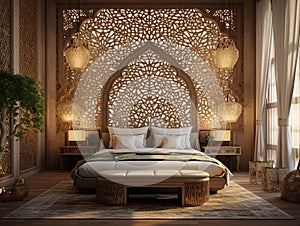 bedroom in arabic interior design style with mashrabiya behind the bed, AI Generative photo