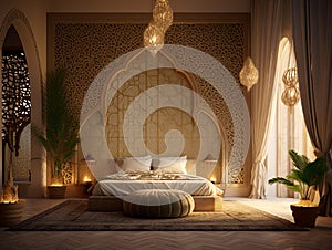 bedroom in arabic interior design style with mashrabiya behind the bed, AI Generative photo