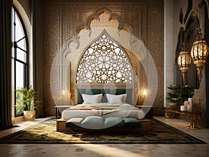 bedroom in arabic interior design style with mashrabiya behind the bed, AI Generative photo