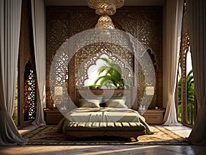 bedroom in arabic interior design style with mashrabiya behind the bed, AI Generative photo