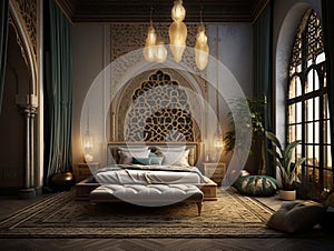 bedroom in arabic interior design style with mashrabiya behind the bed, AI Generative photo