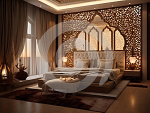 bedroom in arabic interior design style with mashrabiya behind the bed, AI Generative photo