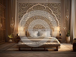 bedroom in arabic interior design style with mashrabiya behind the bed, AI Generative photo