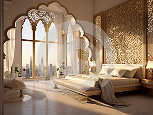 bedroom in arabic interior design style with mashrabiya behind the bed, AI Generative photo