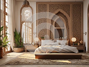 bedroom in arabic interior design style with mashrabiya behind the bed, AI Generative