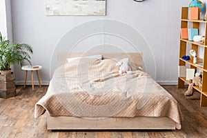 Bedroom, bed with beige blanket, rack