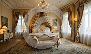A bedroom with a bed and a couch with a white blanket and a pillow. The bed is covered with a white bedspread and has a