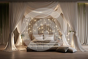 Bedroom with a bed, curtains and high ceiling