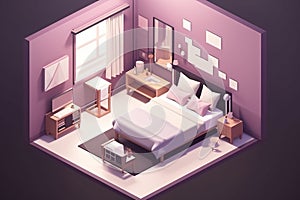 A bedroom with a bed, dressers and a mirror. AI generative image.
