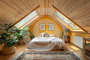 A bedroom with a bed and a rug in a dreamy attic space with sloped ceilings and skylight, A dreamy attic space with sloped photo