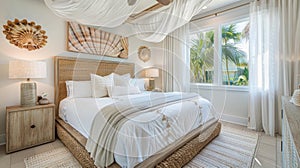 The bedroom boasts a plush ivorycolored bed with a natural rattan headboard. Seacolored throw blankets and pillows add a