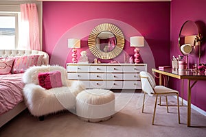 A bedroom with bright fuchsia walls. White and gold accents, pink velvet chairs and decorative mirrors