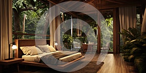 Bedroom in bungalow in jungle. Interior design of modern bedroom
