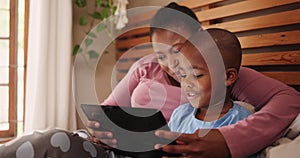 Bedroom, connection and mother with boy, tablet and typing with online video or digital app. Home, black family or mama