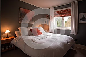 bedroom with crisp linens, fluffy pillows and warm duvet for a restful night's sleep