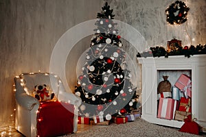 Bedroom decor Christmas new year tree bed presents the background of the Interior