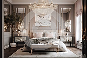 Bedroom decor, home interior design . Art Deco Glamorous style with Chandelier decorated with Gold and Velvet material .