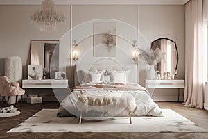 Bedroom decor, home interior design . Art Deco Glamorous style with Chandelier decorated with Gold and Velvet material .