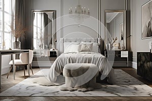 Bedroom decor, home interior design . Art Deco Glamorous style with Chandelier decorated with Gold and Velvet material .