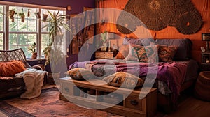Bedroom decor, home interior design . Bohemian Eclectic style