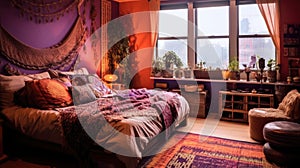 Bedroom decor, home interior design . Bohemian Eclectic style