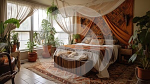 Bedroom decor, home interior design . Bohemian Eclectic style