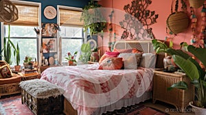 Bedroom decor, home interior design . Bohemian Eclectic style